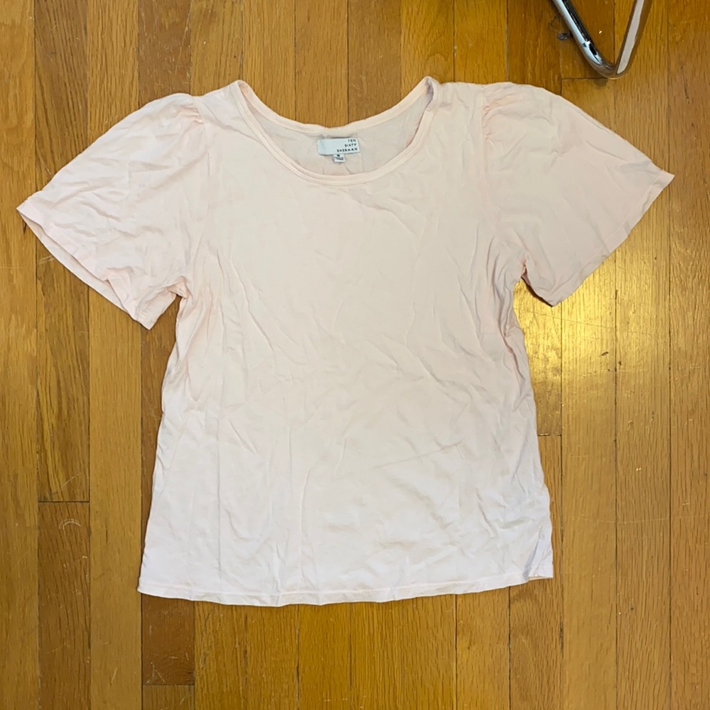 Pink short sleeve gathered bell sleeve top